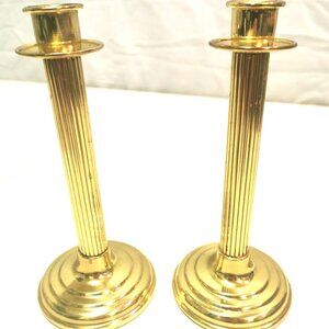 Vintage 8" Brass Fluted Column Candlestick Holders - Pair - Taiwan 1970s